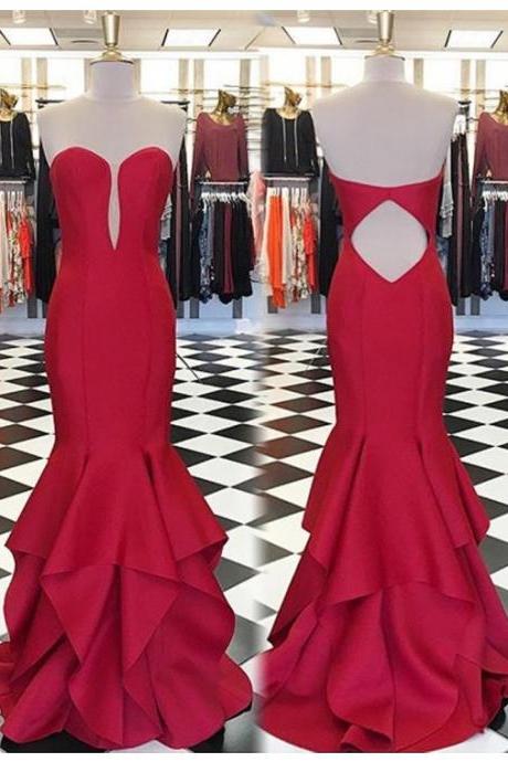 Elegant Red Sweetheart Sweep Train Open Back Tiered Mermaid Prom Dress
