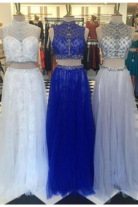 Modern High Neck Floor-length Two Piece Prom Dress With Lace Beading
