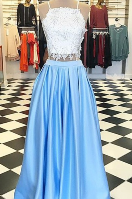 Modern Light Blue Square Floor-Length Two Piece Prom Dress with Beading Lace