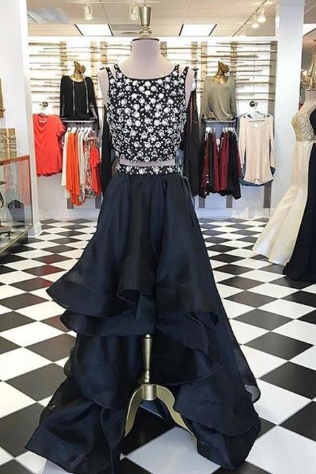 Asymmetrical Two Piece A-line Black Prom Dress - Crew High Low Tiered Beading