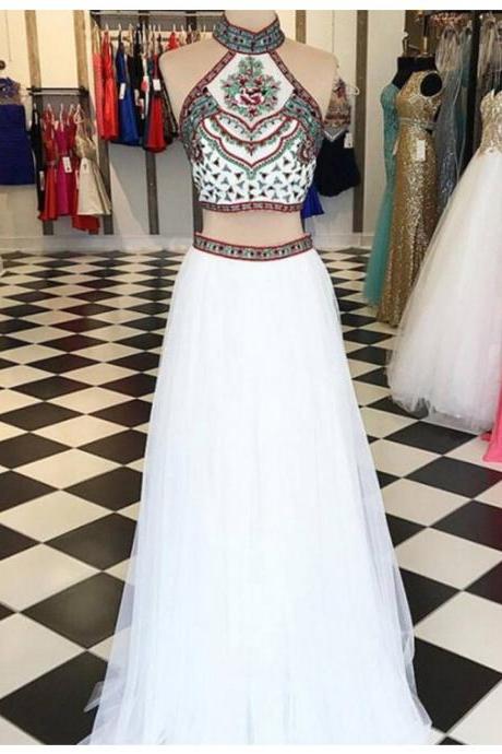 Fahion A-line Halter Open Back Long White Two Piece Prom Dress With Embroidery
