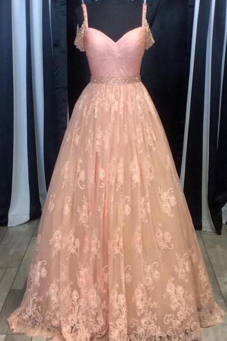 Nectarean Pink Prom Dress - Long Lace Ruched With Beading