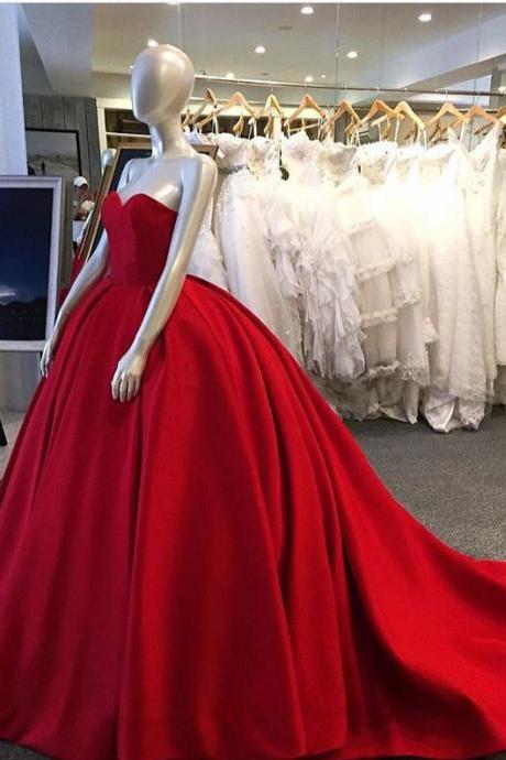 Red Ball Gown, Sweet Heart Prom Dress, Simple Charming Prom Dress, Evening Gown, Long Prom Dress With Small Train, Satin Strapless Prom Dress,