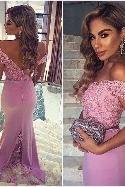  Charming Prom Dress,Off The Shoulder Prom Dress,Mermaid Prom Dress,Appliques Prom Dress,Backless Prom Dress