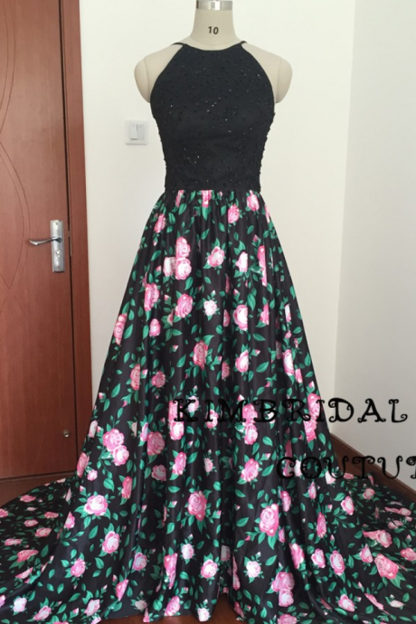 Evening Gowns Dresses Floor Length A Line Crew Neckline Lace Appliques Pearls Beading Black Print Prom Dresses Real Picture