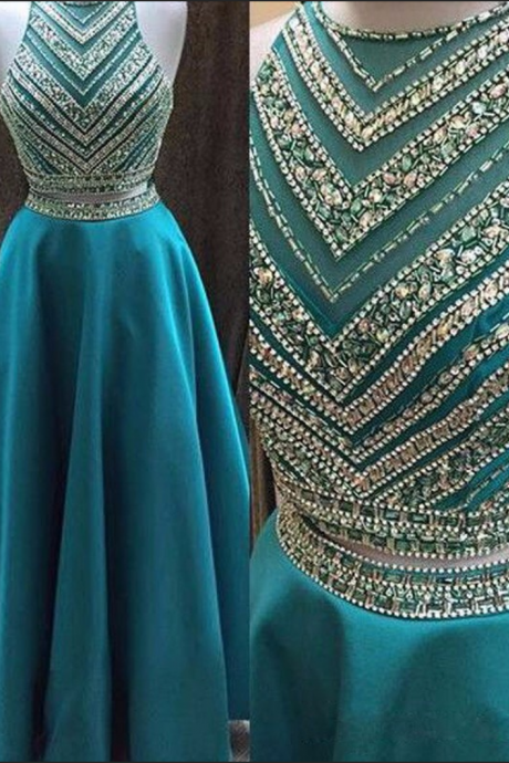 Evening Gowns 2017 Real Beading Long Prom Dresses Turquoise Sheer 2 Two Piece Prom Dress Women Party Dresses