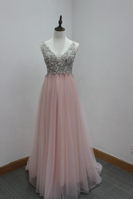 Ready To Ship Evening Gowns Beaded Crystal Bodice V Backless Real Sample Prom Dresses