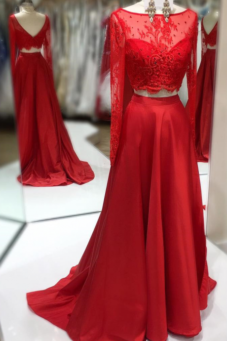 Red Lace 2 Pieces Long Sleeves Prom Dresses,lace Prom Gowns,elegant Prom Dresses,two Piece Prom Dresses,prom Dresses 2017