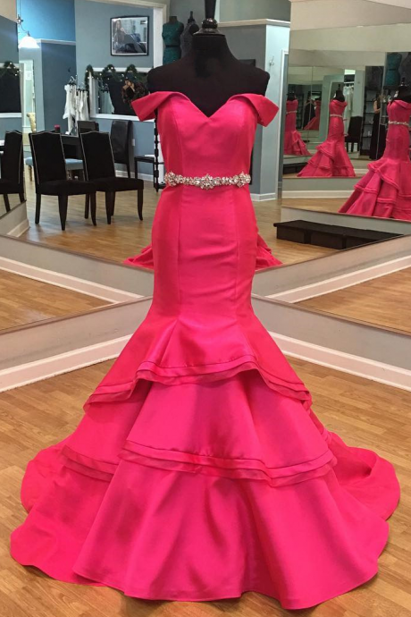 Pink Taffeta Mermaid Prom Dresses Off The Shoulder 2017