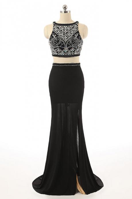 Sexy Two Pieces Beaded Evening Prom Dresses, Black Long Slit Party Prom Dress, Custom Long Prom Dresses, Cheap Formal Prom Dresses