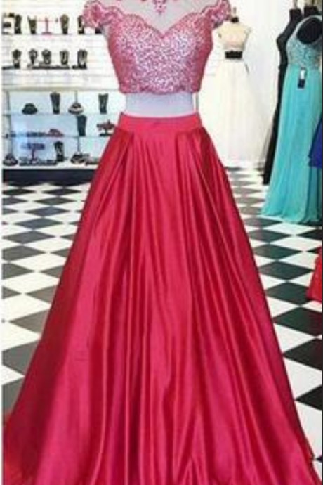 Red Two Pieces Evening Prom Dresses, Cap Sleeve Beaded Party Prom Dress, Custom Long Prom Dresses, Formal Prom Dresses,