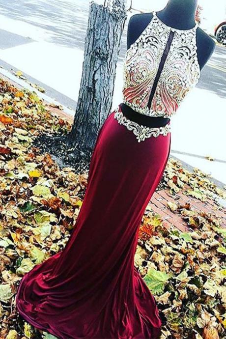 Sexy Two Pieces Red Beaded Evening Prom Dresses, Long Beaded Party Prom Dress, Custom Long Prom Dresses, Formal Prom Dresses