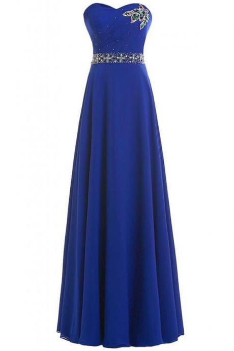 Royal Blue Floor Length A-line Chiffon Prom Dress Featuring Sweetheart Bodice With Crystal Embellishments