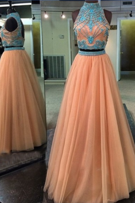 Two Pieces Evening Dress,tulle Prom Dress,high Neck Prom Dress,charming Prom Dress,long Prom Dress