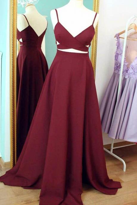A-line Prom Dress Two Pieces Prom Dress Spaghetti Straps Burgundy Satin Long Prom Dress Evening Dress