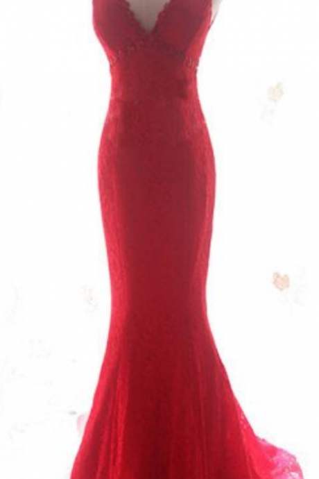 Red Prom Dresses,lace Prom Dress,mermaid Prom Dress,backless Prom Dress,evening Dress