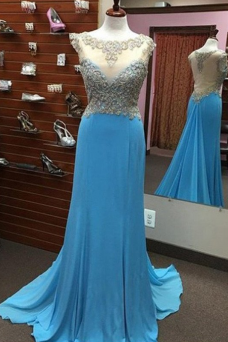 Blue Prom Dresses,long Prom Dress,see Through Back Prom Dress,beaded Prom Dress,charming Prom Gown