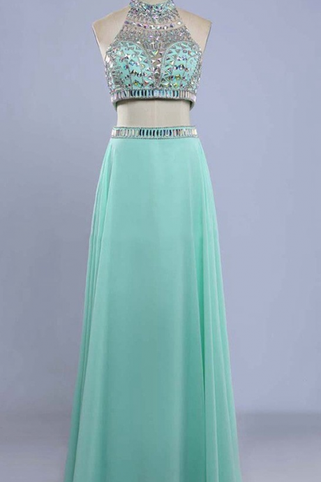 Green Dress Halter Neck Beautiful Floor Length Two Pieces Dress 2017 Full Crystals Backless Open Back Sexy Party Dresses