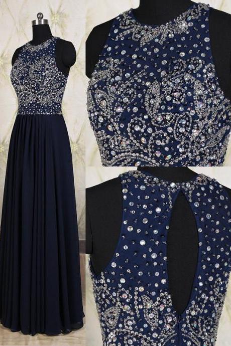 Navy Blue Jewel Neck Backelss Sexy Prom Dress Open Back Beadings Sequins Crystals Long Party Dress Chiffon Dress Aline Quality