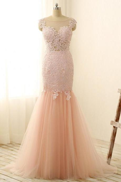 Iullsion Bodice Champagne Mermaid Style Prom Dress Tulle Gown Party Dress With Appliques Bateau Neck Capped Sleeve Zipper Back Slim
