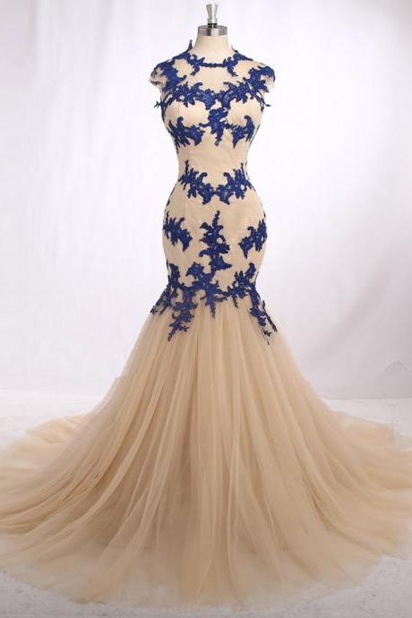 Tradition Style Long Prom Elegant Jewel Neck Capped Sleeve Sweep Train Tulle Dress With Blue Appliques Good Sell Best Design