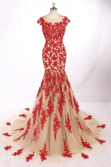 Red Mermaid Evening Dress Bateau Neck Capped Sleeve Backless Sexy Slim Tulle Gown Red Appliques Open Back Long Prom Dress