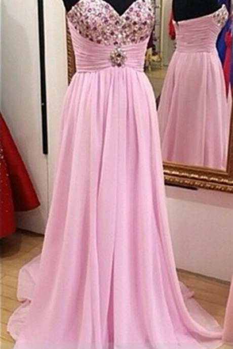 Sweetheart Neck Pink Prom Dress Long Party Gown Sleeveless 2017 Fahsion Modern Style Crystals Bust Elegant Chiffon Dresses