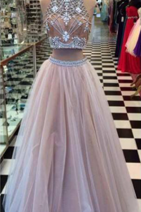 Royal High Neck Evening Dresses Long Backless With Crystal Sequin A Line Princess Formal Dresses Prom Dress Gowns