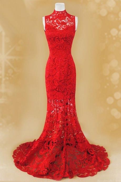 Long Prom Dress,long Evening Dress,high Neck,lace Evening Dress,lace Dress,hollow Back Dress,red Evening Dress