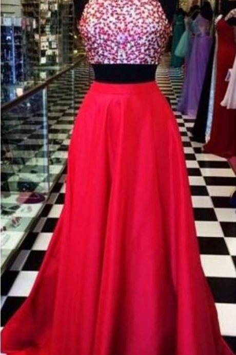 Stunning Red Evening Dresses Two Pieces High Neck A Line Satin Backless 2 Piece Prom Dresses Formal Gowns Pageant Dress