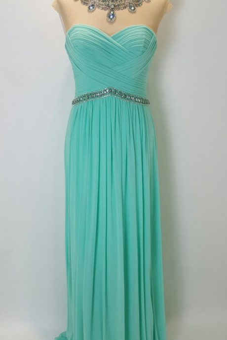 Sparkly Rhinestones Sheer Neckline Prom Dresses 50442 Mint Green Chiffon Empire Waist Hollow Back Pleated Long Evening Formal Dress With Cap