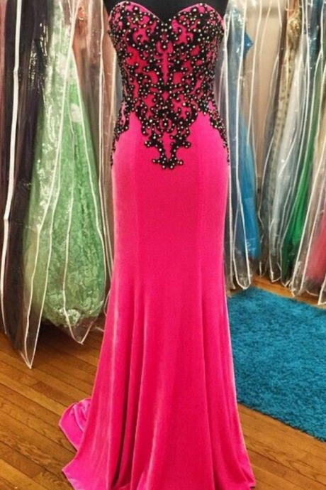 Pink Sweetheart Chiffon Prom Dresses With Black Applique Beaded Sheath Backless Evening Dresses Party Dresses Pageant Dress Gowns