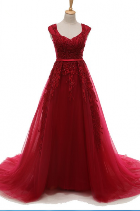 Elegant Real Photo Red Lace Embroidery Dresses With Beaded Appliques Custom Made Chapel Train Burgundy Formal Gowns 2017