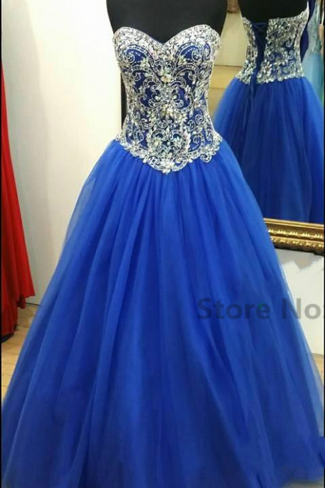Royal Blue Crystals Prom Dresses A Line Sweetheart Beaded Plus Size Lace Up Back Formal Party Gowns Real Images Vestidos de