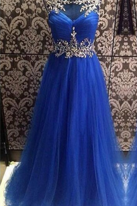 Royal Blue Sparkle 2017 Prom Dresses Real Photo A Line Scoop Beads Crystals Vestido De Festa Plus Size Women Evening Prom Gowns