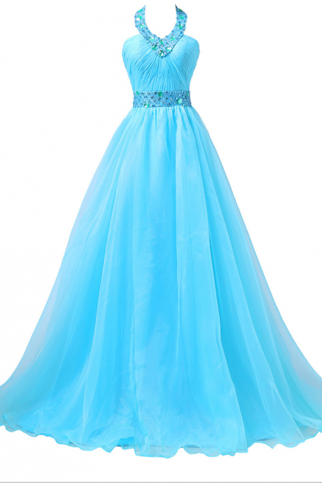 Grace Karin Real Picture Long Prom Dresses Sky Blue Halter Ball Gown Crystals Beading Elegant Party Special Occasion Dress