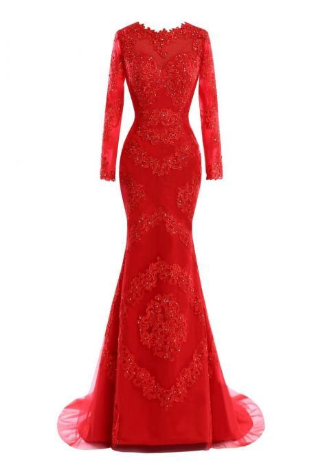 Mermaid Lace Tulle Appliques Beads Red Sweep Train Evening Party Dresses