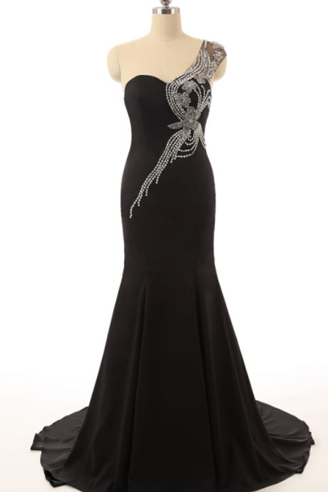 Sweetheart Neck One Shoulder With Beading Crystal Black Mermaid Long Party Dresses