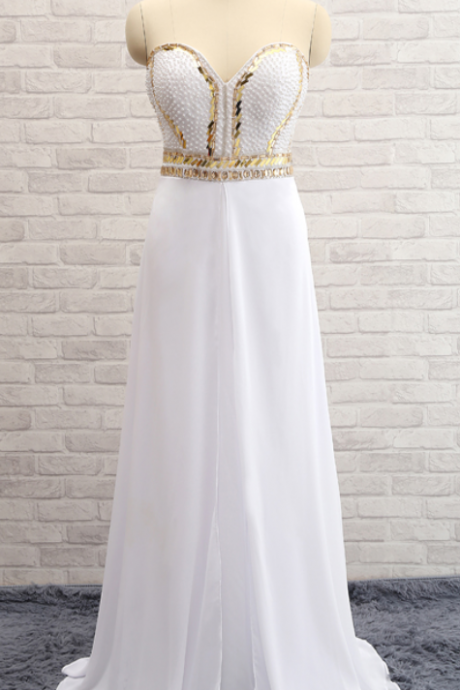 A Line Sweetheart Neck Beading Bodice White Chiffon Skirt Floor Length Party Dresses