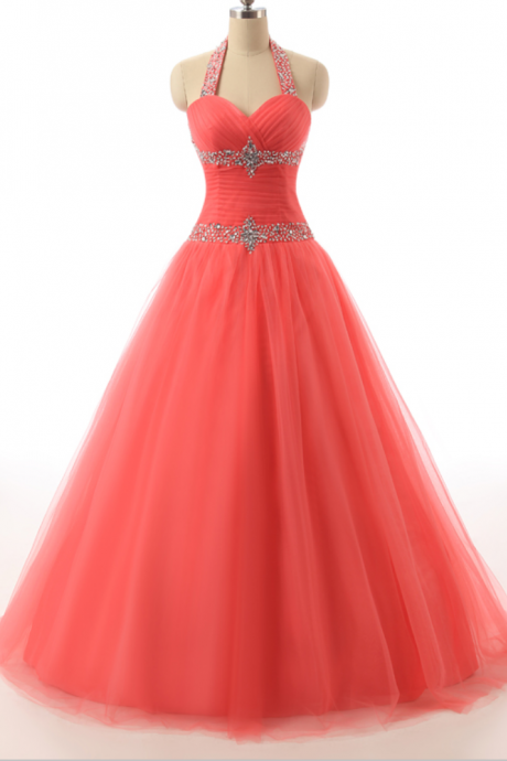 Halter Neck Surplice Pleated Bodice Lace Up Back Beaded Accent At Waist Tulle Overlay Skirt Party Dresses
