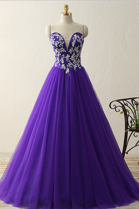 Purple Sweetheart Deep V Neck Appliques Beads Ball Gown Vintage Dresses