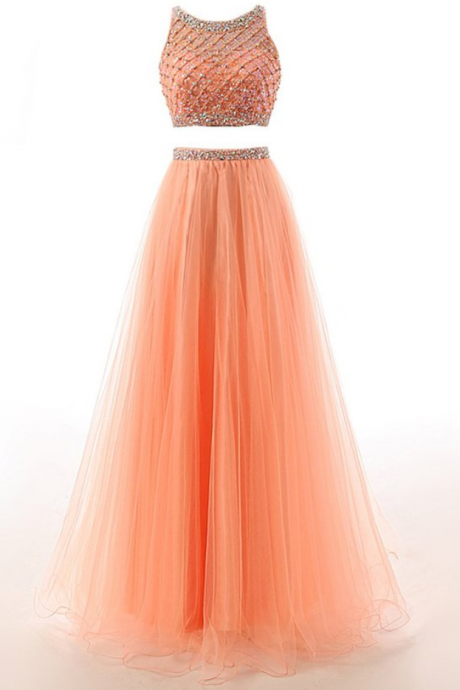 Two-piece Tulle Floor Length Prom Dress Featuring Beaded Embellished Cropped Halter Bodice