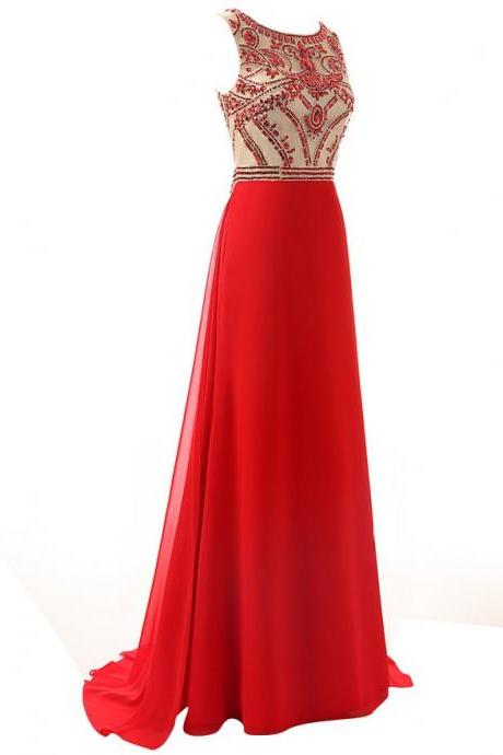 Red Long Prom Dress Handmade Beading Chiffon Red Formal Evening Gowns ,women's Long Bridesmaid Beaded Chiffon Formal Evening Prom