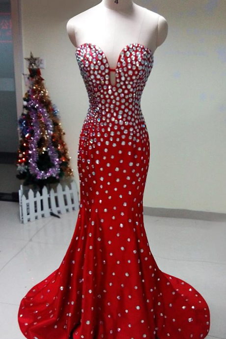 Evening Gown Dresses Vestidos De Noite Real Pictures Red Mermaid Prom Dresses with Crystals 