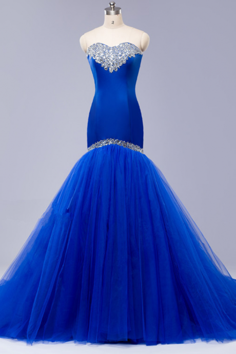Blue Strapless Sweetheart Beaded Mermaid Long Prom Dress, Evening Dress With Train And Lace-up Back
