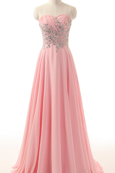  Sweetheart Off Shoulder Pleated Top Part with Beaded Lace Long Chiffon Formal Crystal Pink Prom Dresses Party Gown