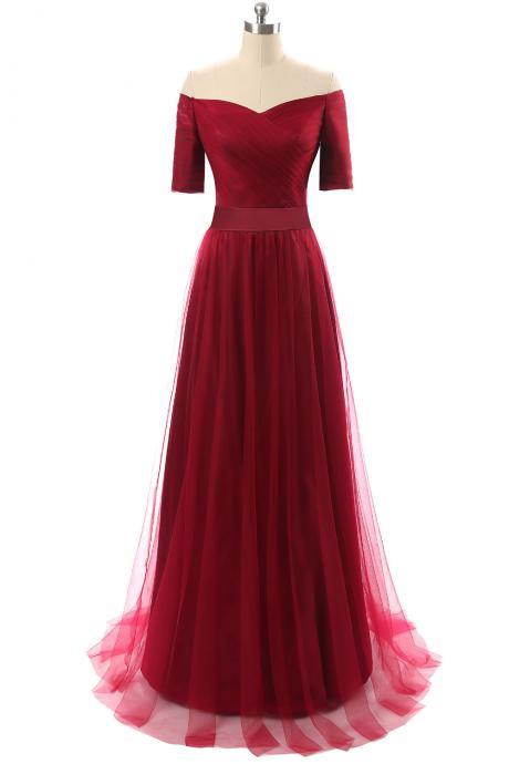Burgundy Short Sleeves A Line Tulle Evening Dresses Women Party Special Occasion Dresses