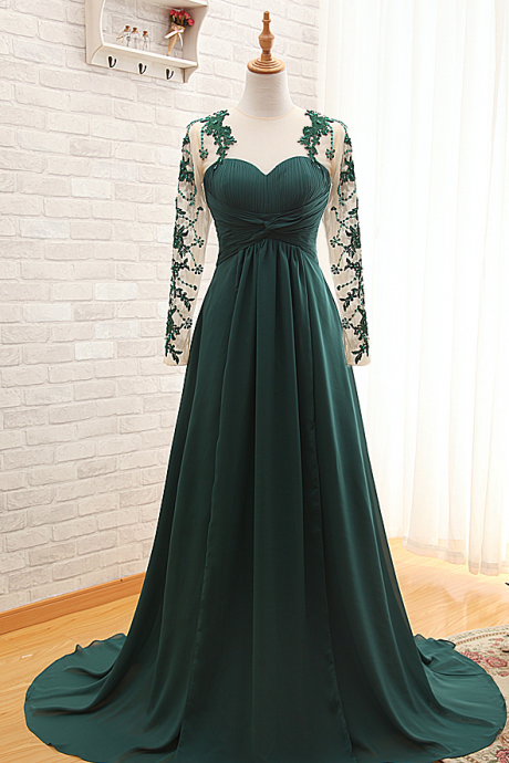 Picture Of Real Products Emerald Illusion Beading Lace Long Sleeve A Line Long Prom Dresses Vestido De Festa