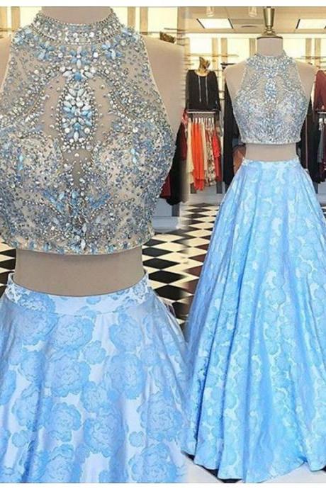 Sexy Prom Dress,Modern Light Blue High Neck Floor Length Two Piece Prom Dress with Beading