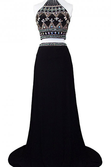 Women's Two Piece Rhinestone High Neck Pageant Prom Party Dress